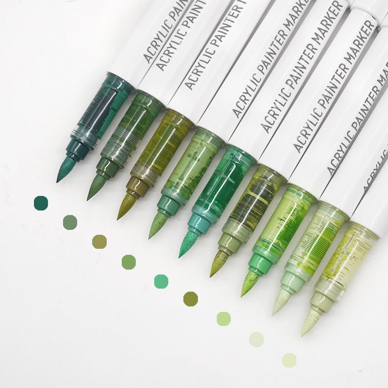 Yolaka Water Based Acrylic Paint Markers Green, 9 Colors Acrylic Paint Pens Set with Soft Brush Tip, Marker Pen for Rock Painting, Egg, Wood, Glass, Paper, Mugs, Acrylic Painter Ink (Green Series-2) - Image 1